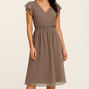 Elegant Everlily Brown and Cream Patterned Midi Dress (Sz L)